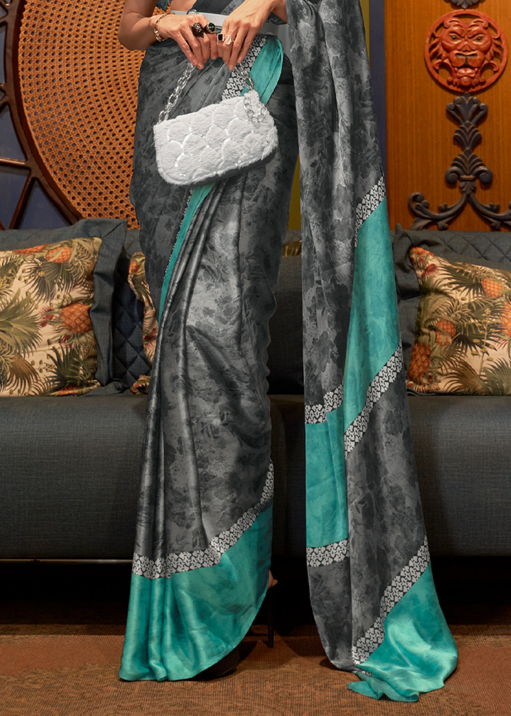 Buy MySilkLove Smoke Grey and Blue Printed Satin Silk Saree Online