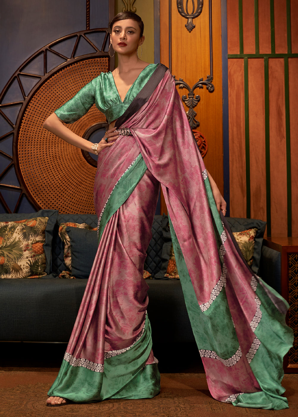 Buy MySilkLove Copper Rust Pink and Green Printed Satin Silk Saree Online