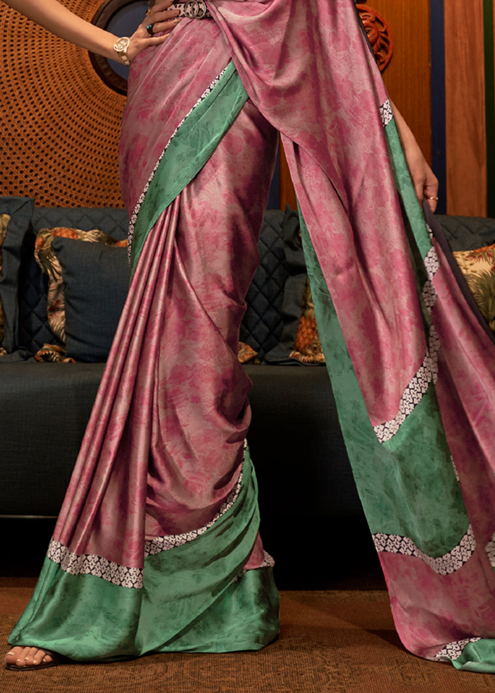 Buy MySilkLove Copper Rust Pink and Green Printed Satin Silk Saree Online