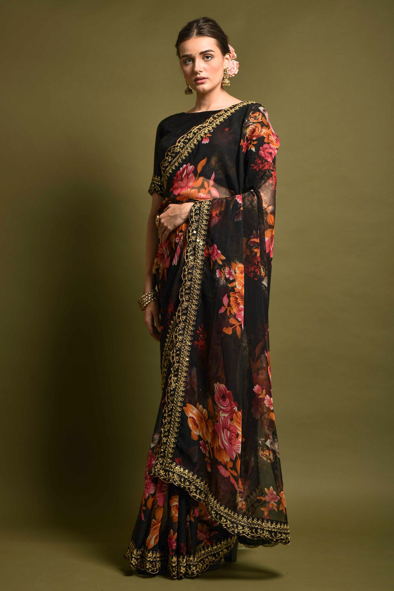 Buy MySilkLove Licorice Black Georgette Printed Silk Saree Online