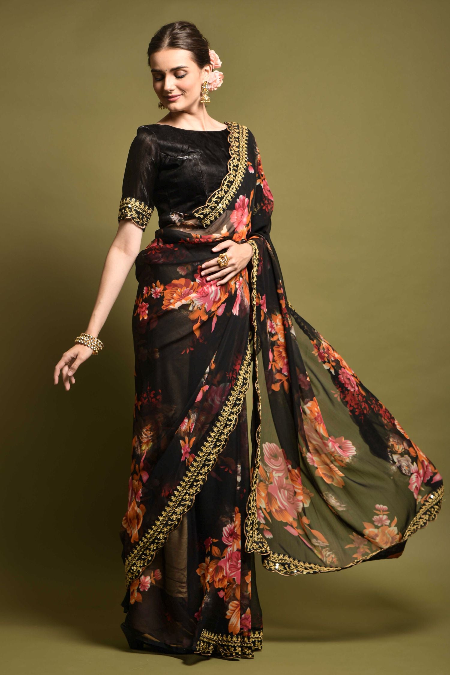Buy MySilkLove Licorice Black Georgette Printed Silk Saree Online