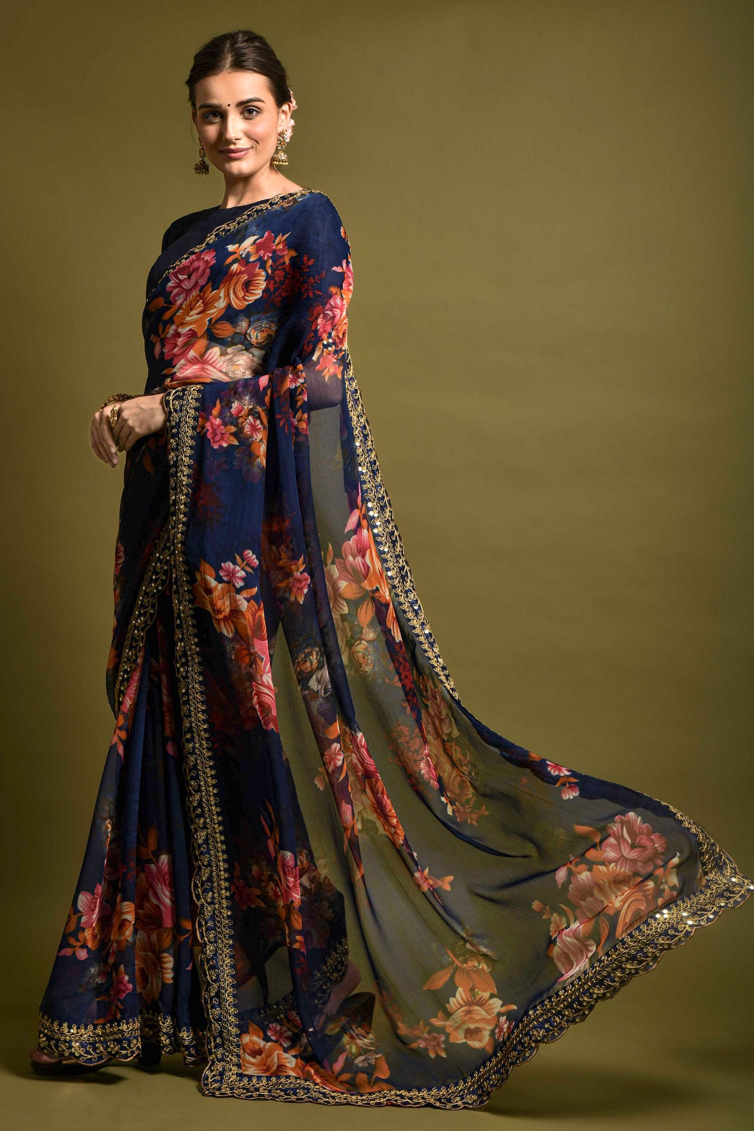 Buy MySilkLove Thunder Blue Georgette Printed Silk Saree Online