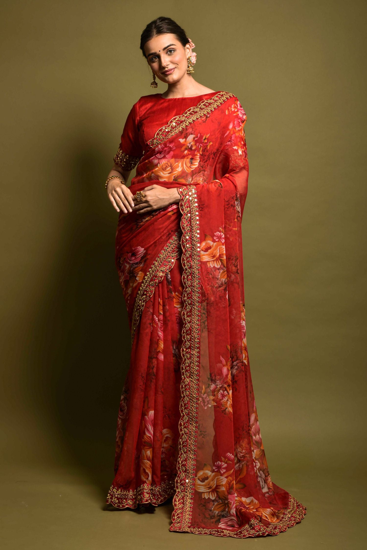 Buy MySilkLove Persian Red Georgette Printed Silk Saree Online