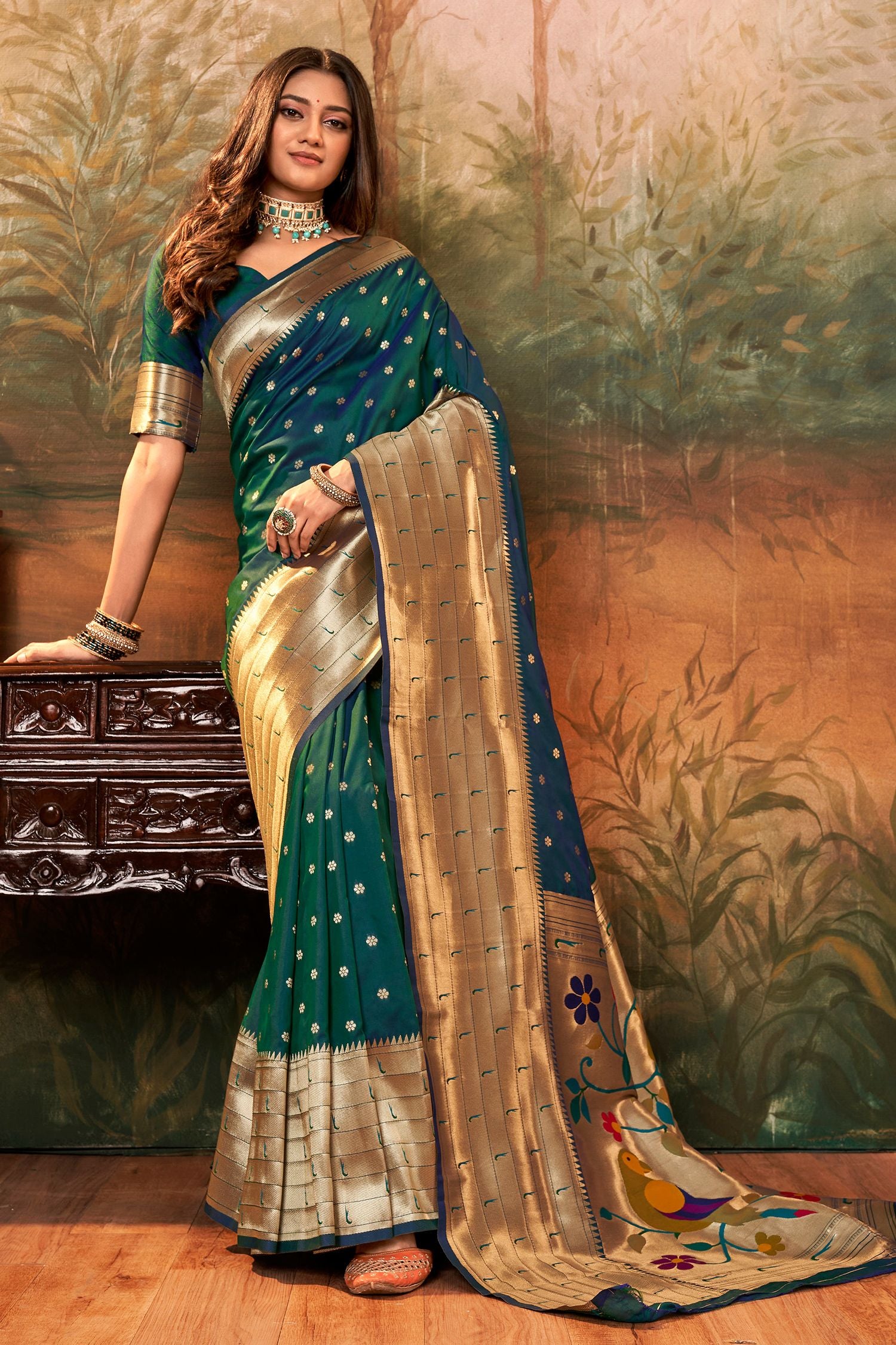 Buy MySilkLove Casal Green Woven Paithani Silk Saree Online