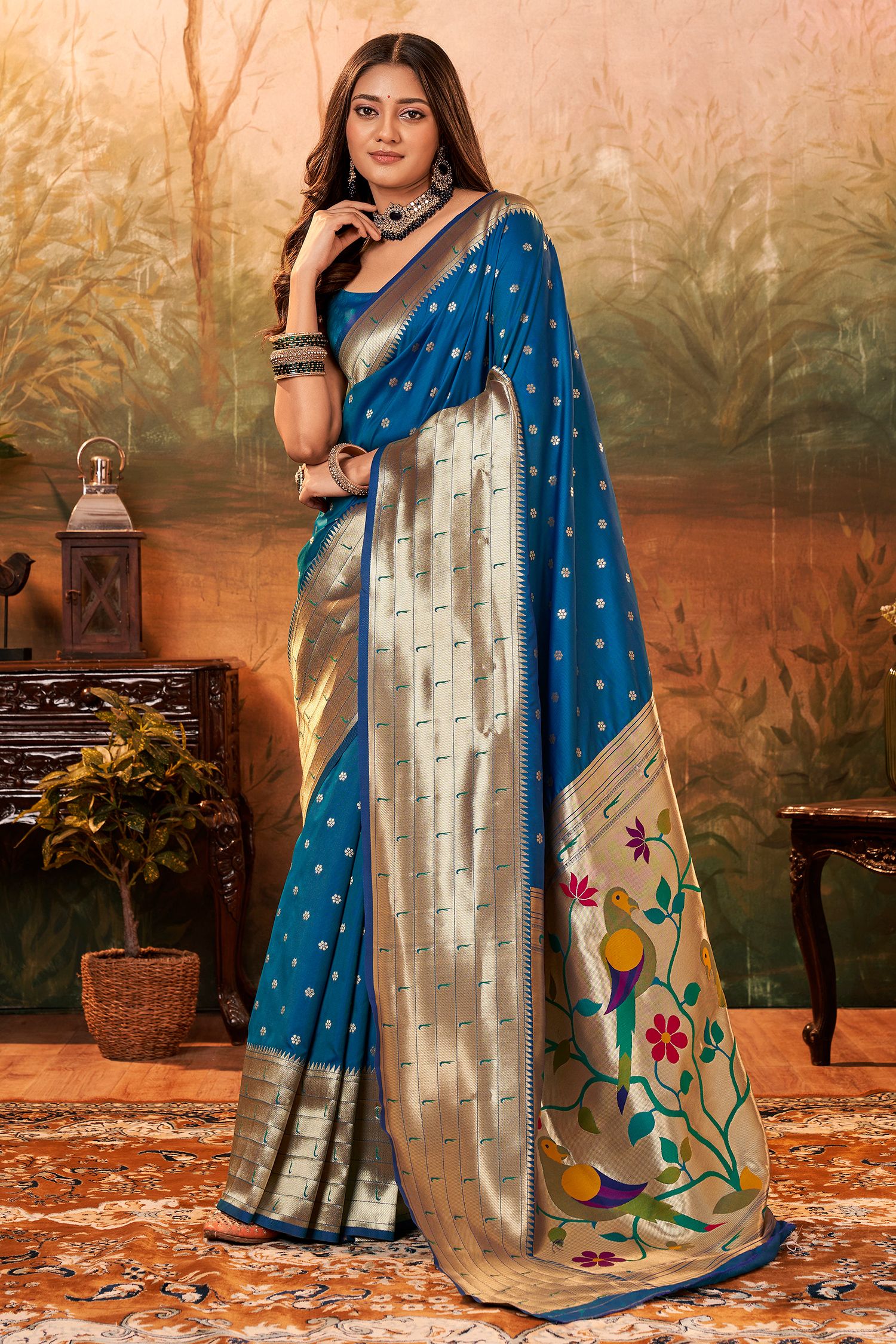 Buy MySilkLove Cerulean Frost Blue Woven Paithani Silk Saree Online