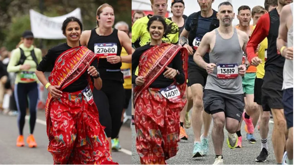 An Indian woman garners internet admiration as she completes a marathon in a saree in Manchester