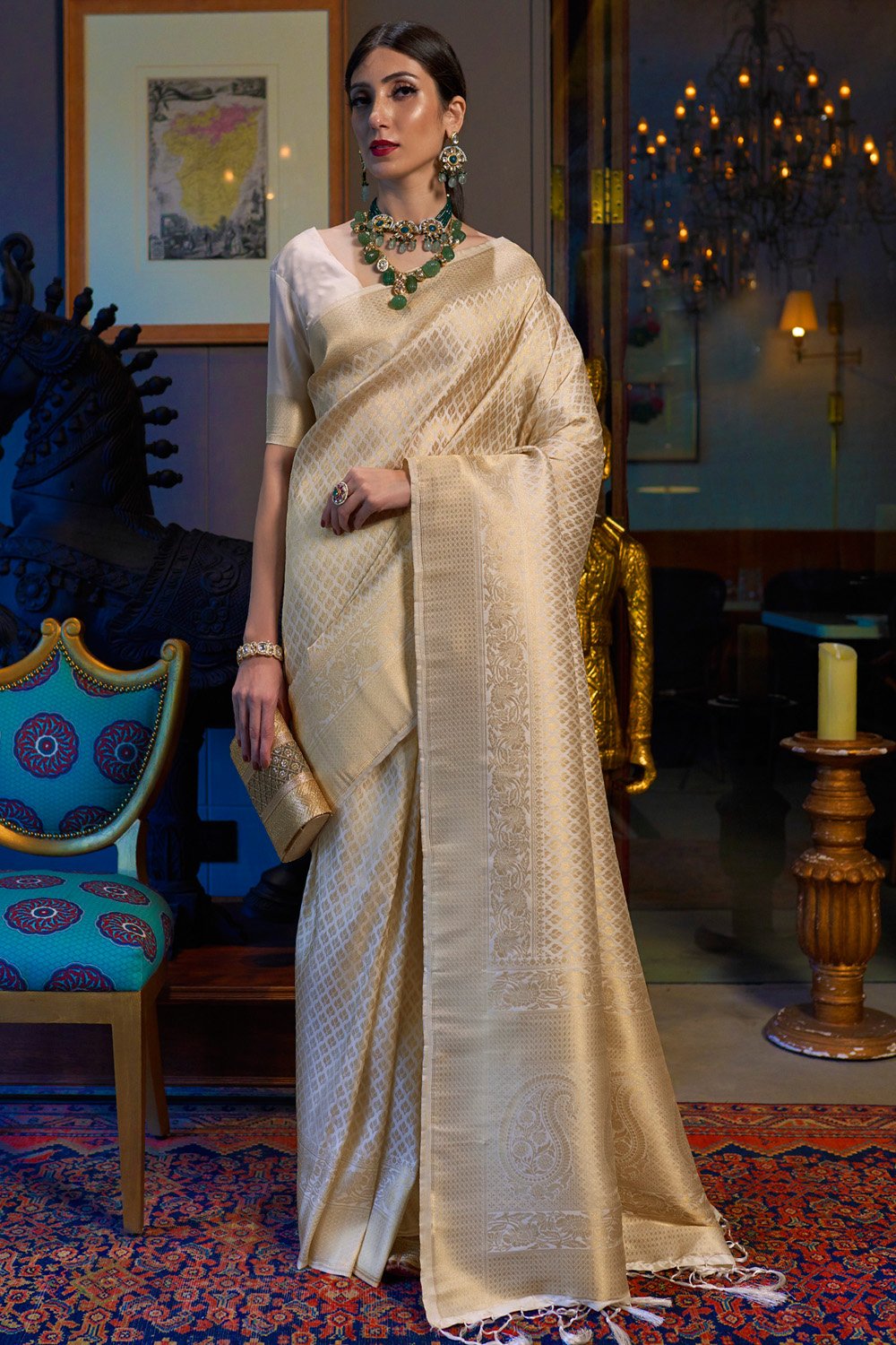 Golden off-white woven Kanjivaram silk saree