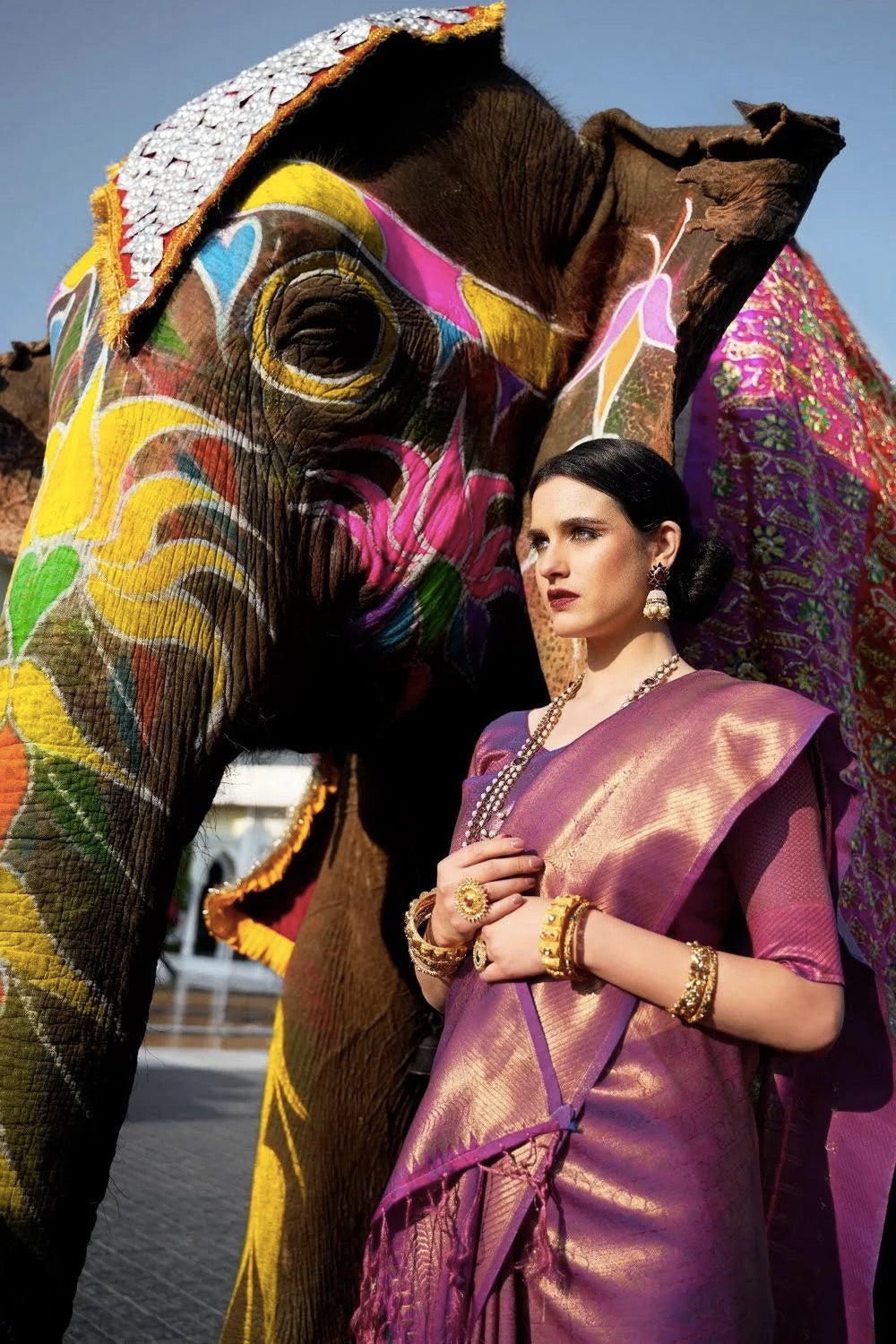 Woman draped in a purple Kanjivaram silk saree with a wide hand-woven gold zari border