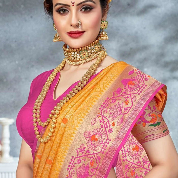 CITRUS YELLOW WOVEN SILK SAREE WITH RANI PINK DESIGNER BLOUSE – Zaribanaras  global