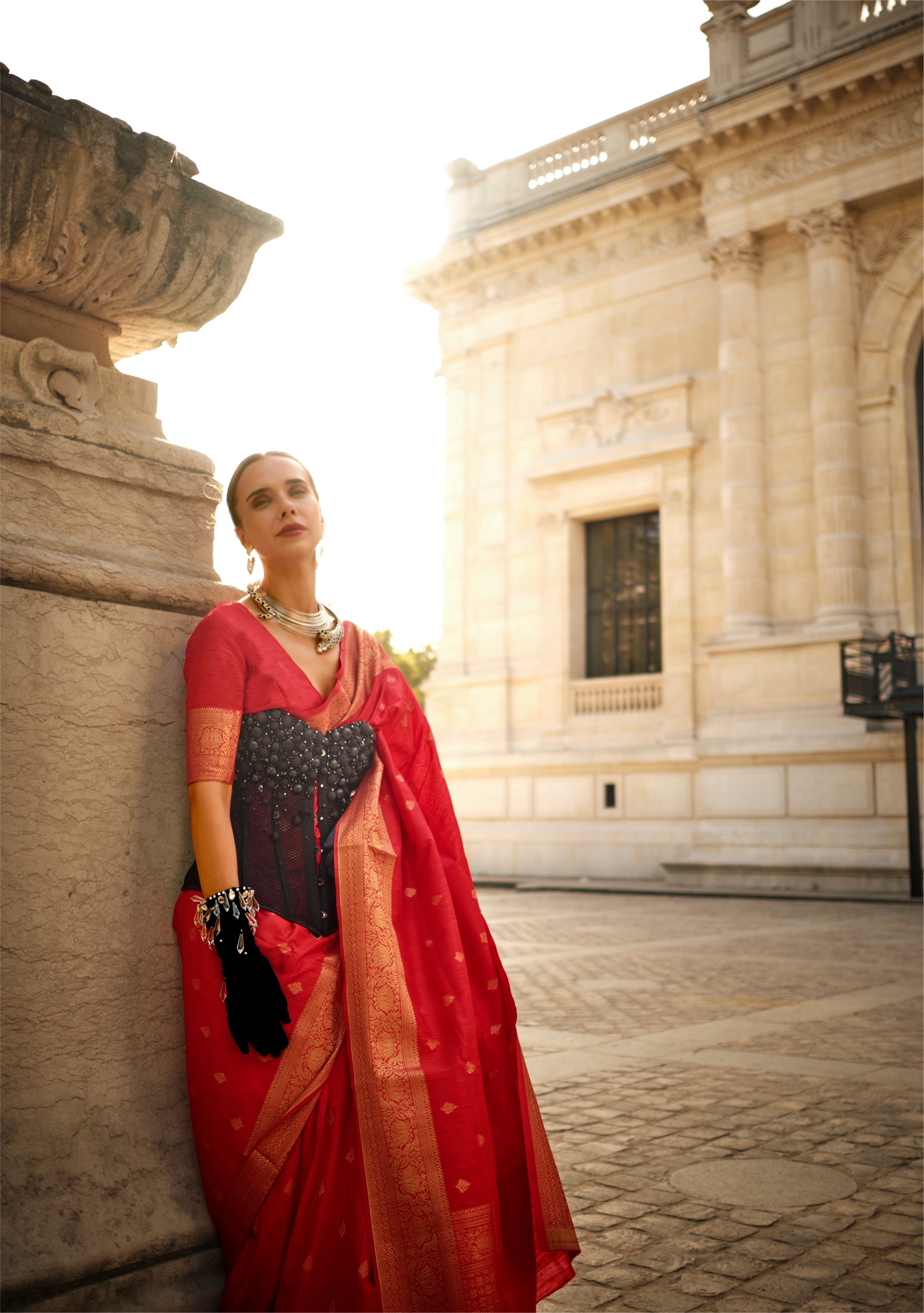 Buy MySilkLove Tall Poppy Red Banarasi Handloom Khadi Silk Saree Online