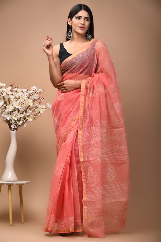 Buy MySilkLove Froly Pink Handblock Kota Doriya Saree Online