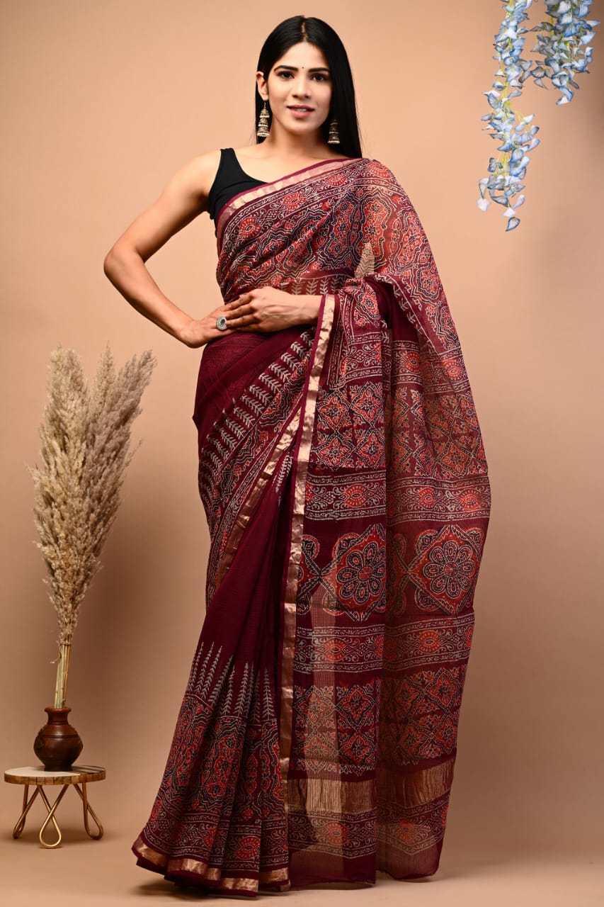 Buy MySilkLove Nutmeg Maroon Handblock Kota Doriya Saree Online