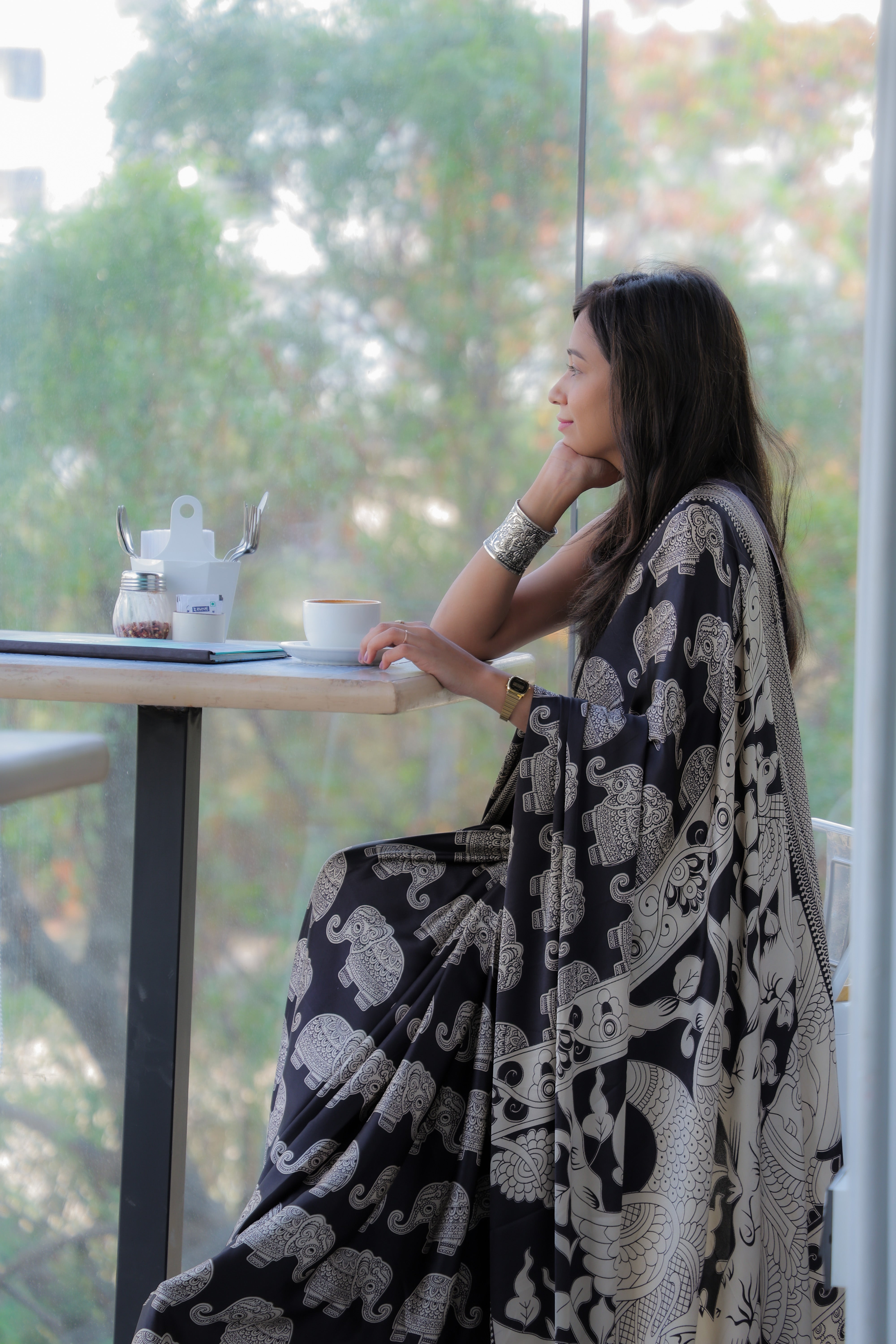 Buy MySilkLove Neutral Black Ajrakh Printed Satin Crepe Silk Saree Online