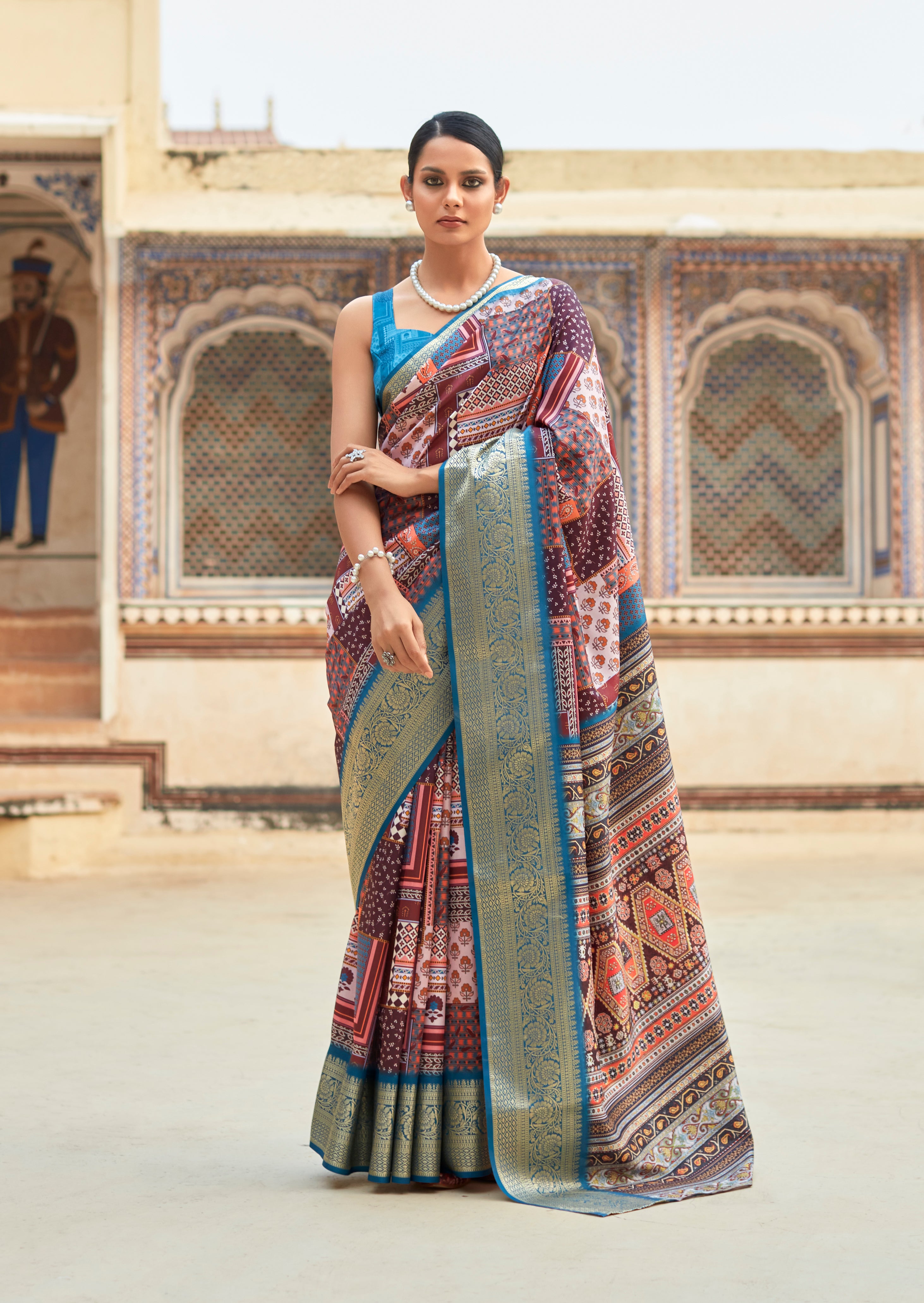 Buy MySilkLove Ming Blue and Pink Banarasi Printed Silk Saree Online