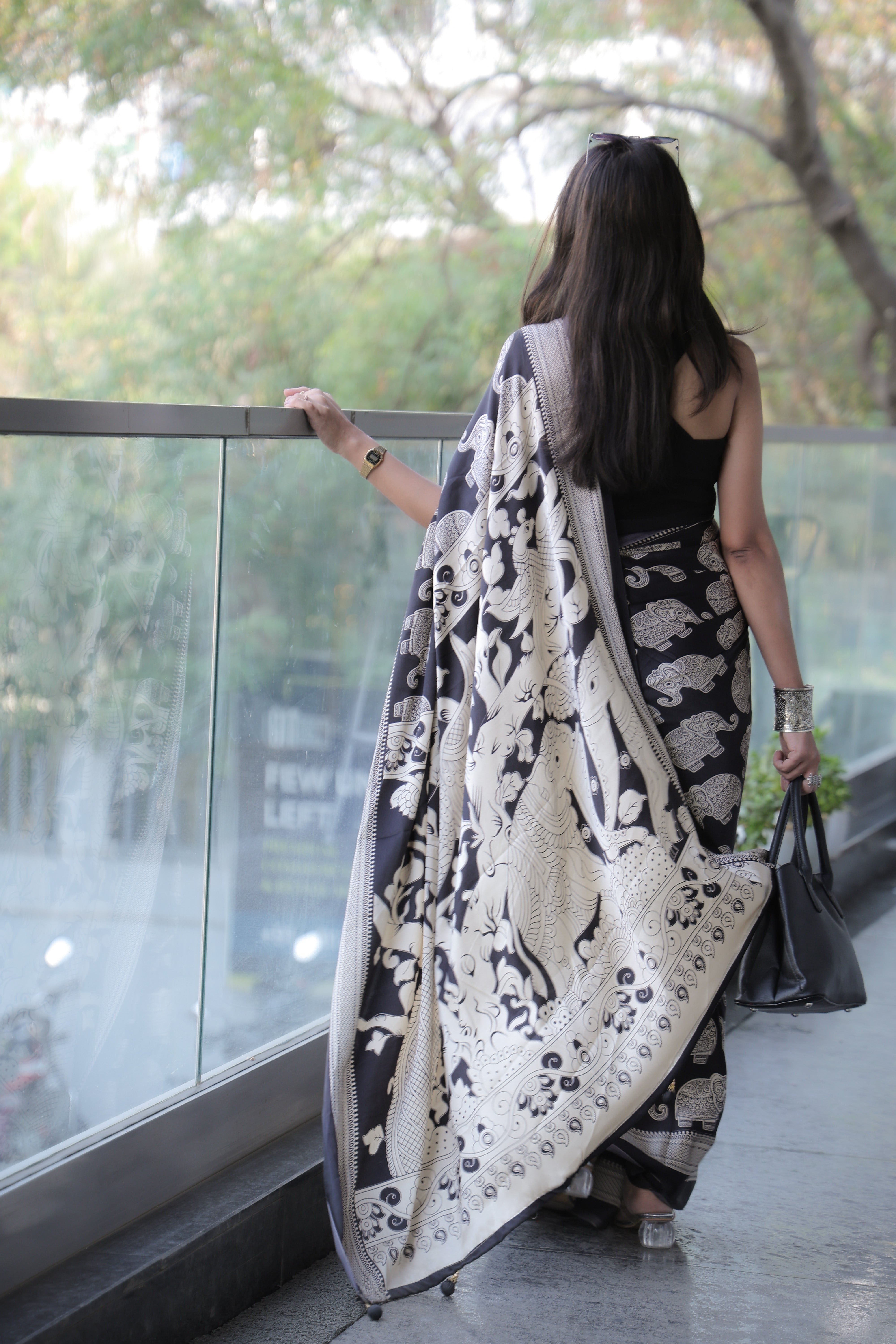 Buy MySilkLove Neutral Black Ajrakh Printed Satin Crepe Silk Saree Online