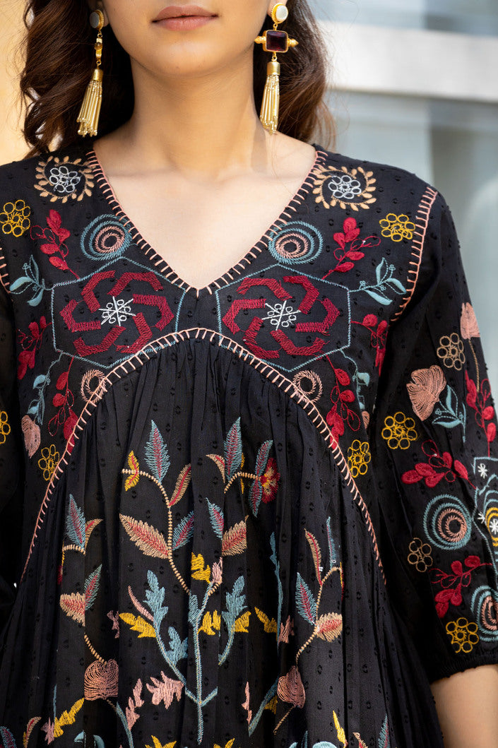 Eerie Black Thread Handmade Embroidery Dress – MySilkLove