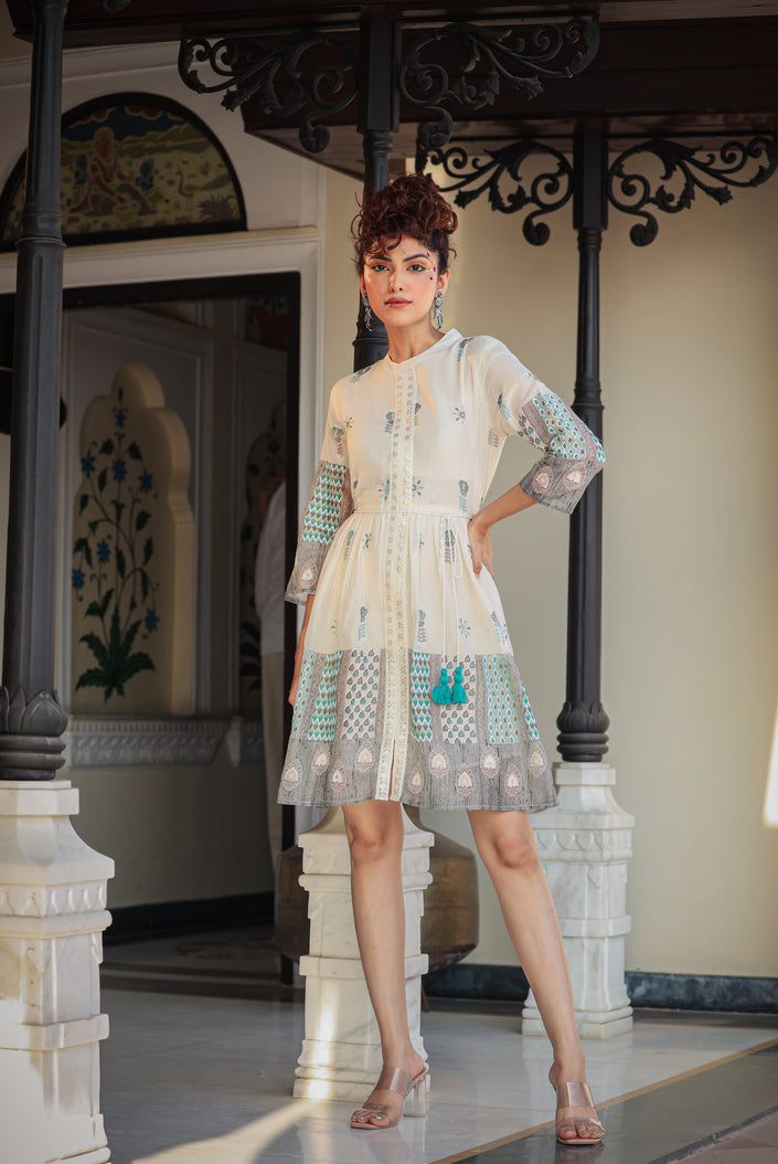 Buy MySilkLove White And Green Thread Embroidery Dress Online