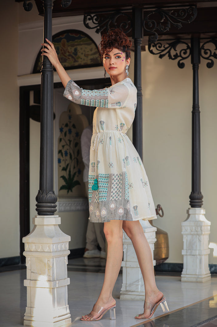 White And Green Thread Embroidery Dress