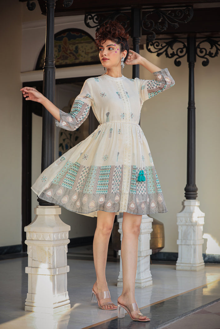 MySilkLove White And Green Thread Embroidery Dress