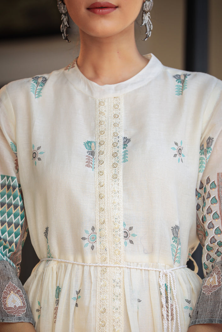 White And Green Thread Embroidery Dress