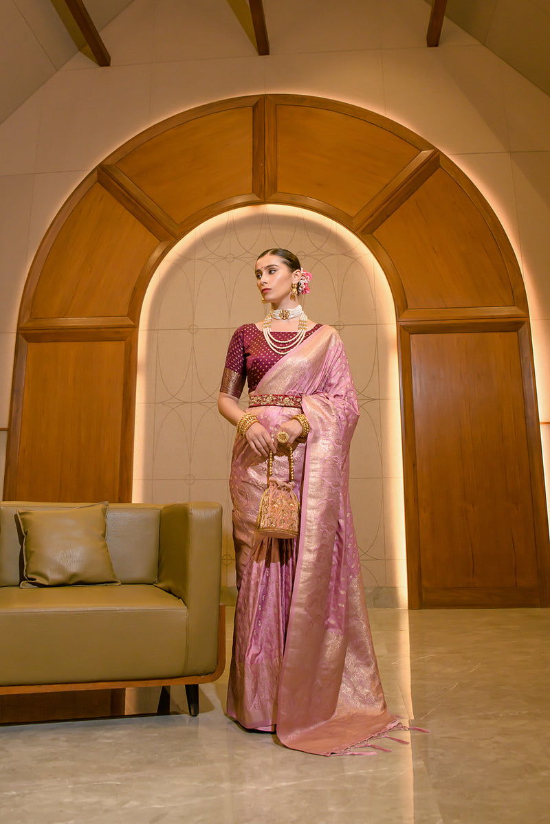 Petite Pink Zari Woven Banarasi Satin Silk Saree