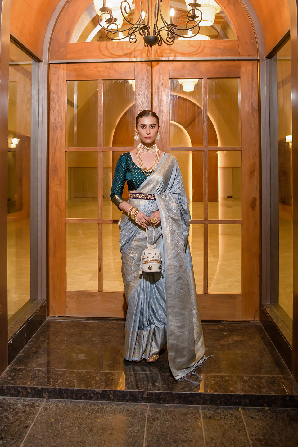 Buy MySilkLove French Grey Zari Woven Banarasi Satin Silk Saree Online