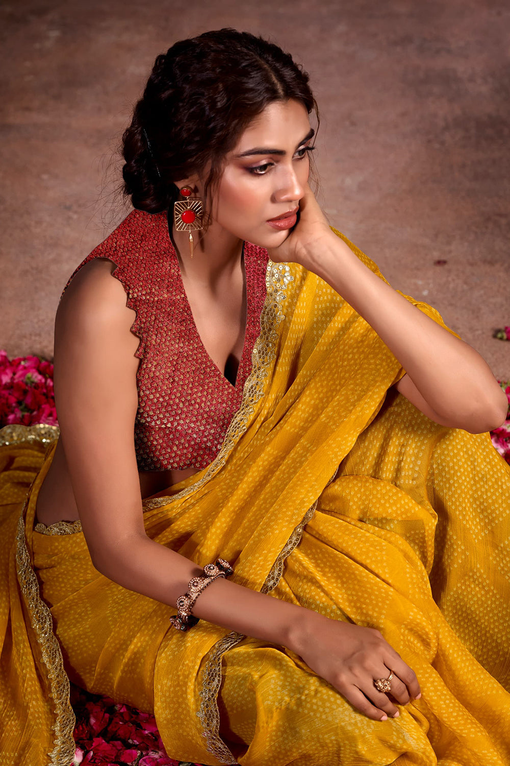 MySilkLove Sun Yellow Designer Georgette Bandhani Saree