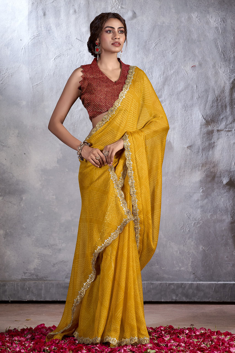 Buy MySilkLove Sun Yellow Designer Georgette Bandhani Saree Online