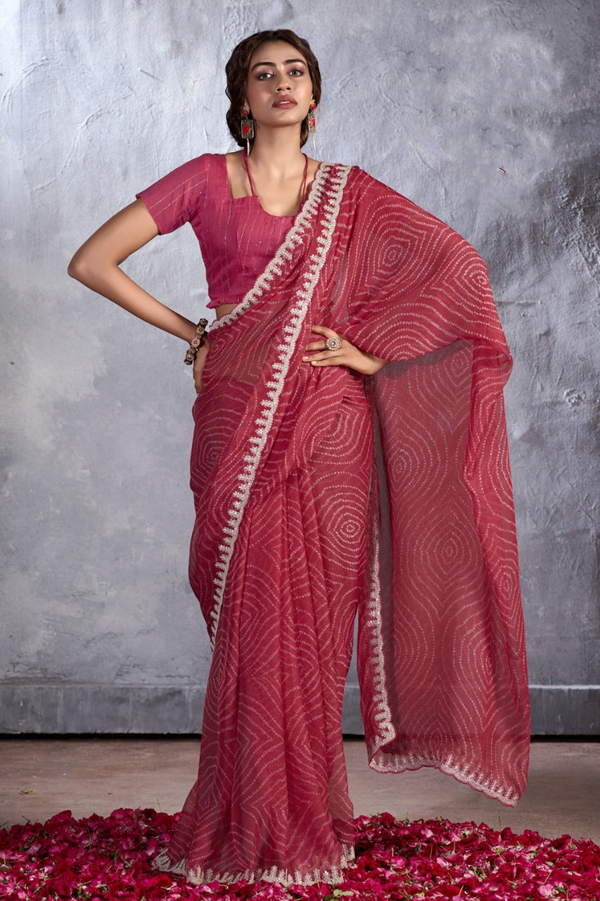 MySilkLove Cherry Red Designer Georgette Bandhani Saree