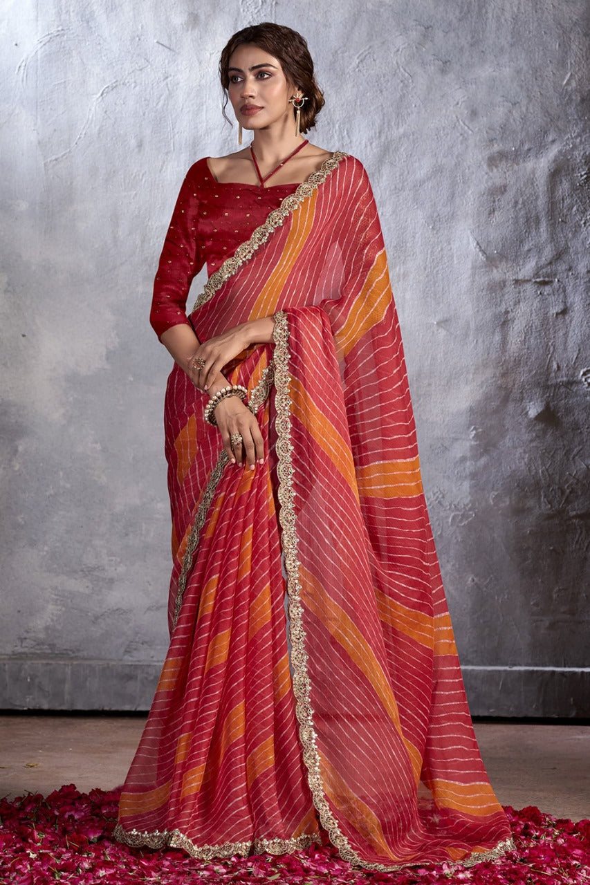 Buy MySilkLove Fire Red Designer Georgette Bandhani Saree Online