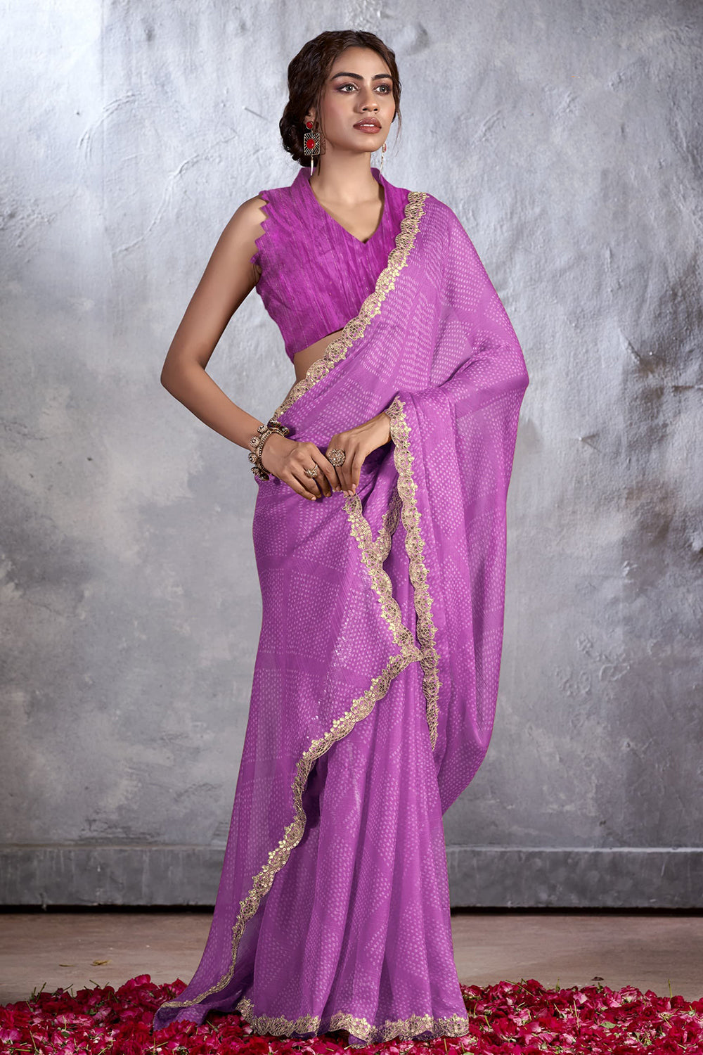 Buy MySilkLove East Side Purple Designer Georgette Bandhani Saree Online