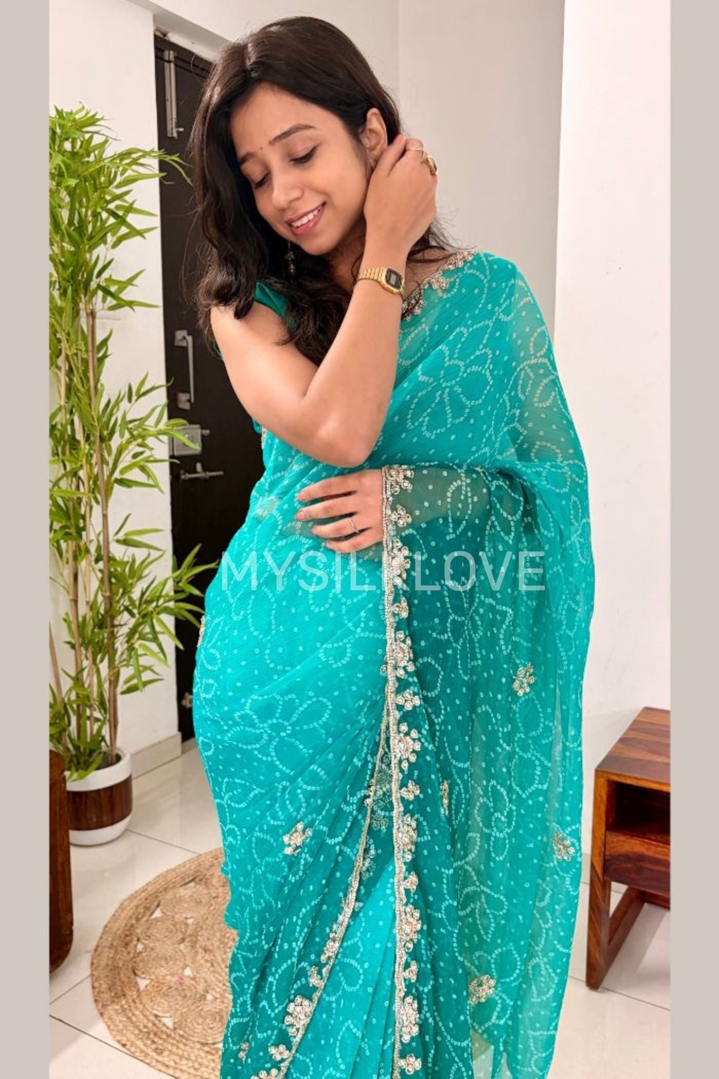 Buy MySilkLove Aqua Teal Georgette Chiffon Bead Work Saree Online