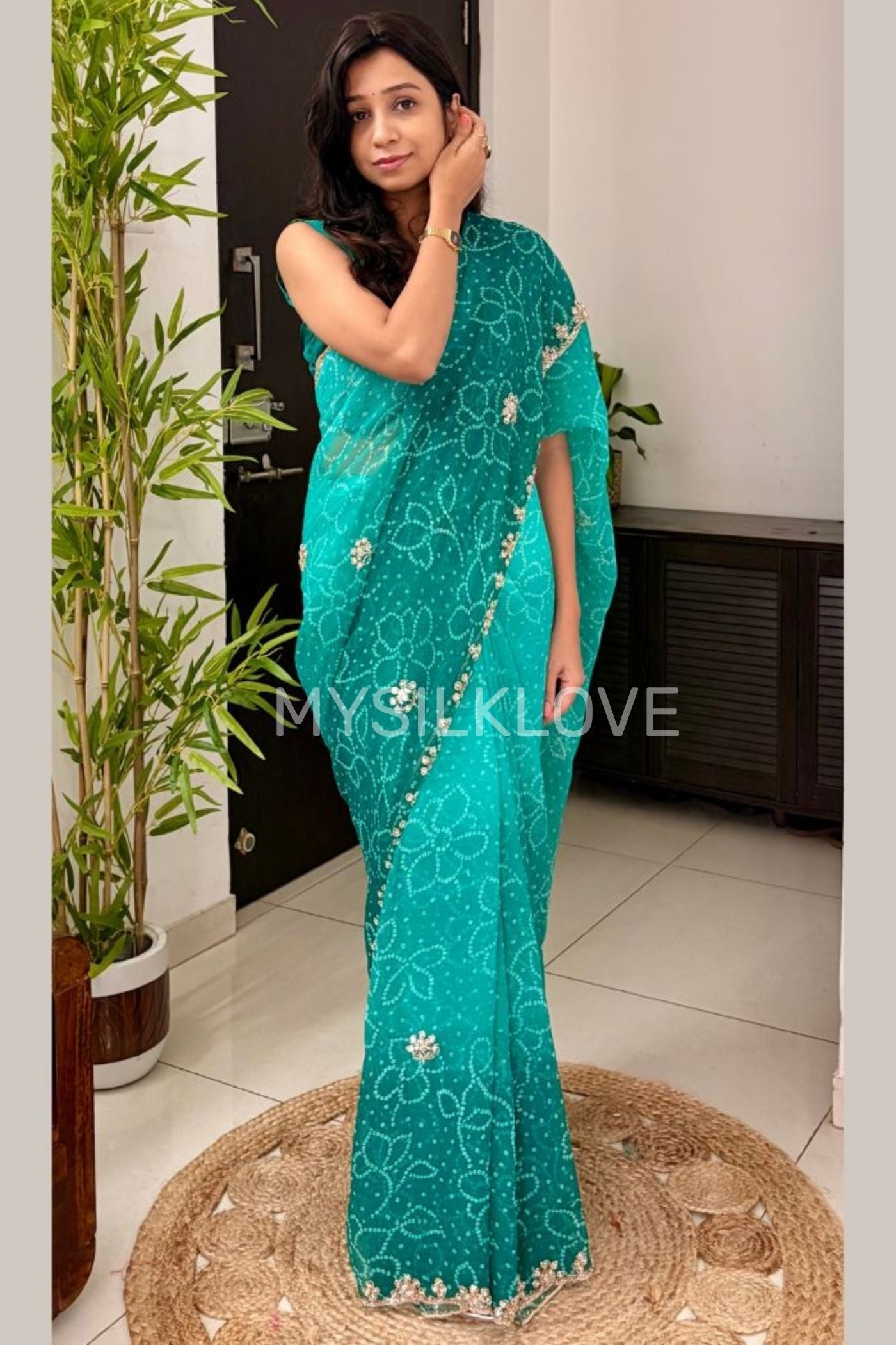 Buy MySilkLove Aqua Teal Georgette Chiffon Bead Work Saree Online