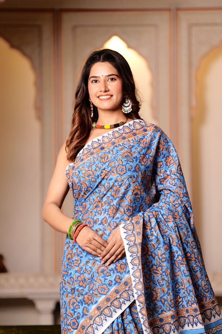 Buy MySilkLove Hoki Blue Pure Cotton Handblock Printed Saree Online