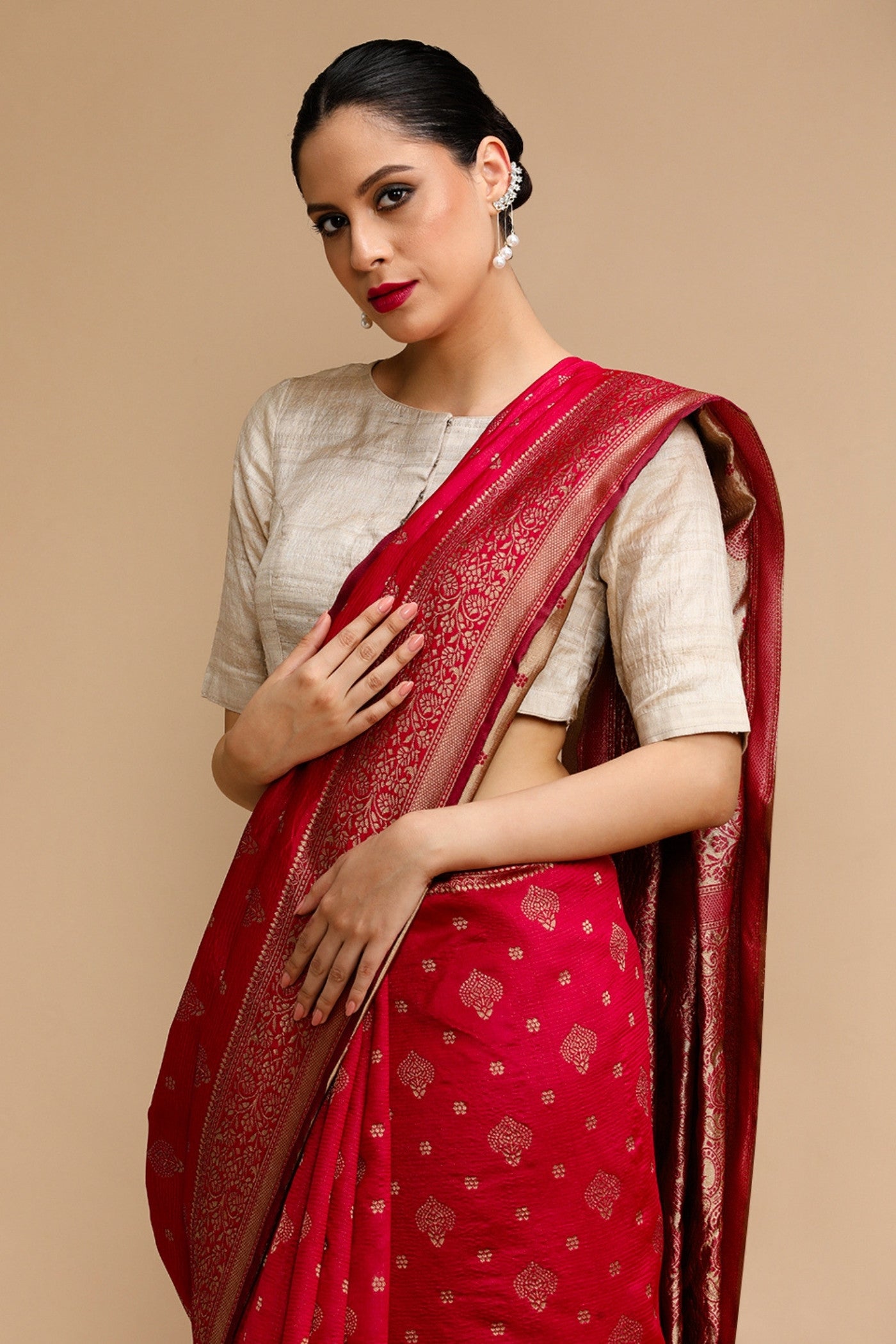 MySilkLove Red Rose Woven Jacquard Lichi Silk Saree