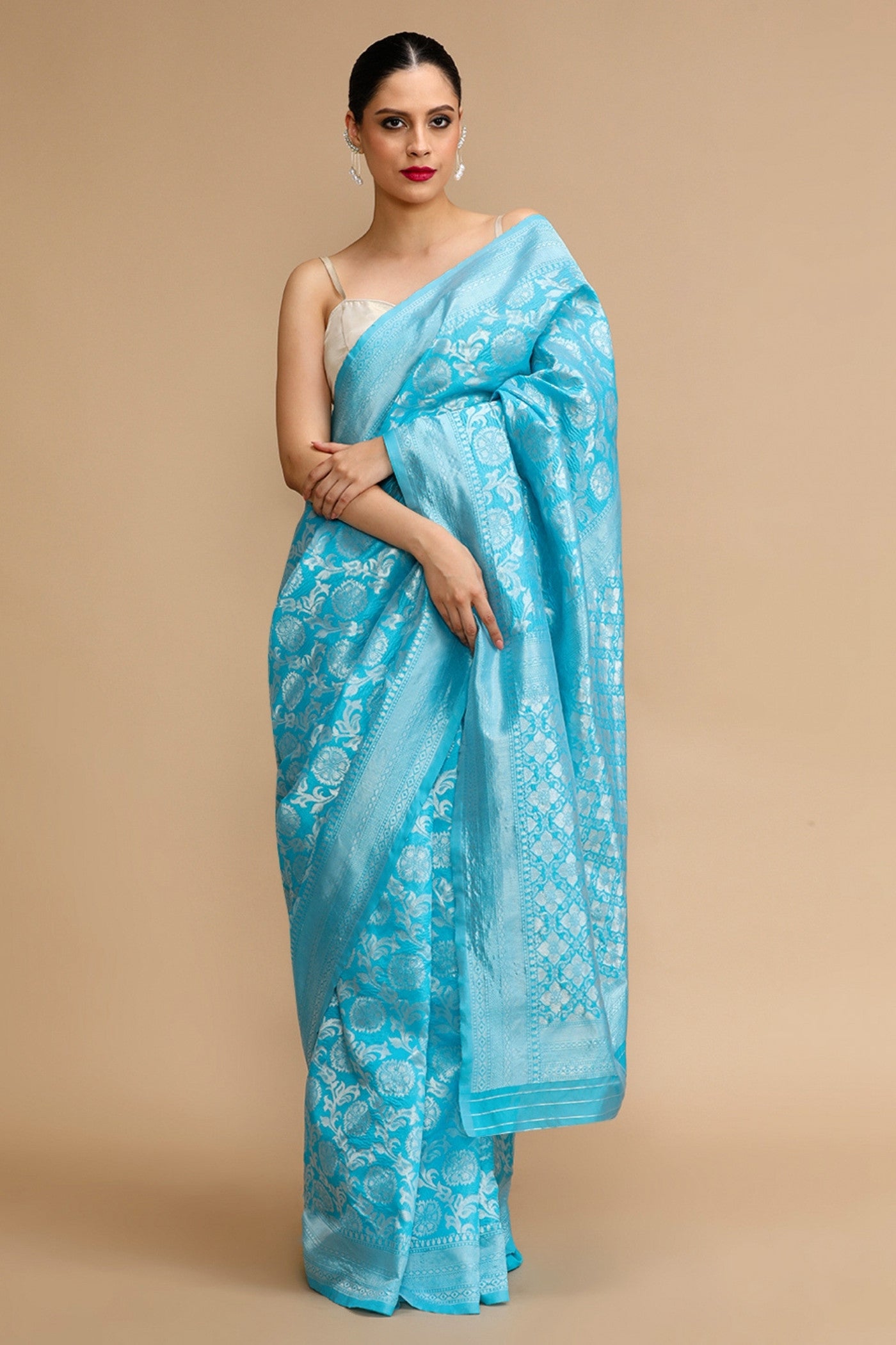 Buy MySilkLove Aqua Blue Woven Jacquard Lichi Silk Saree Online
