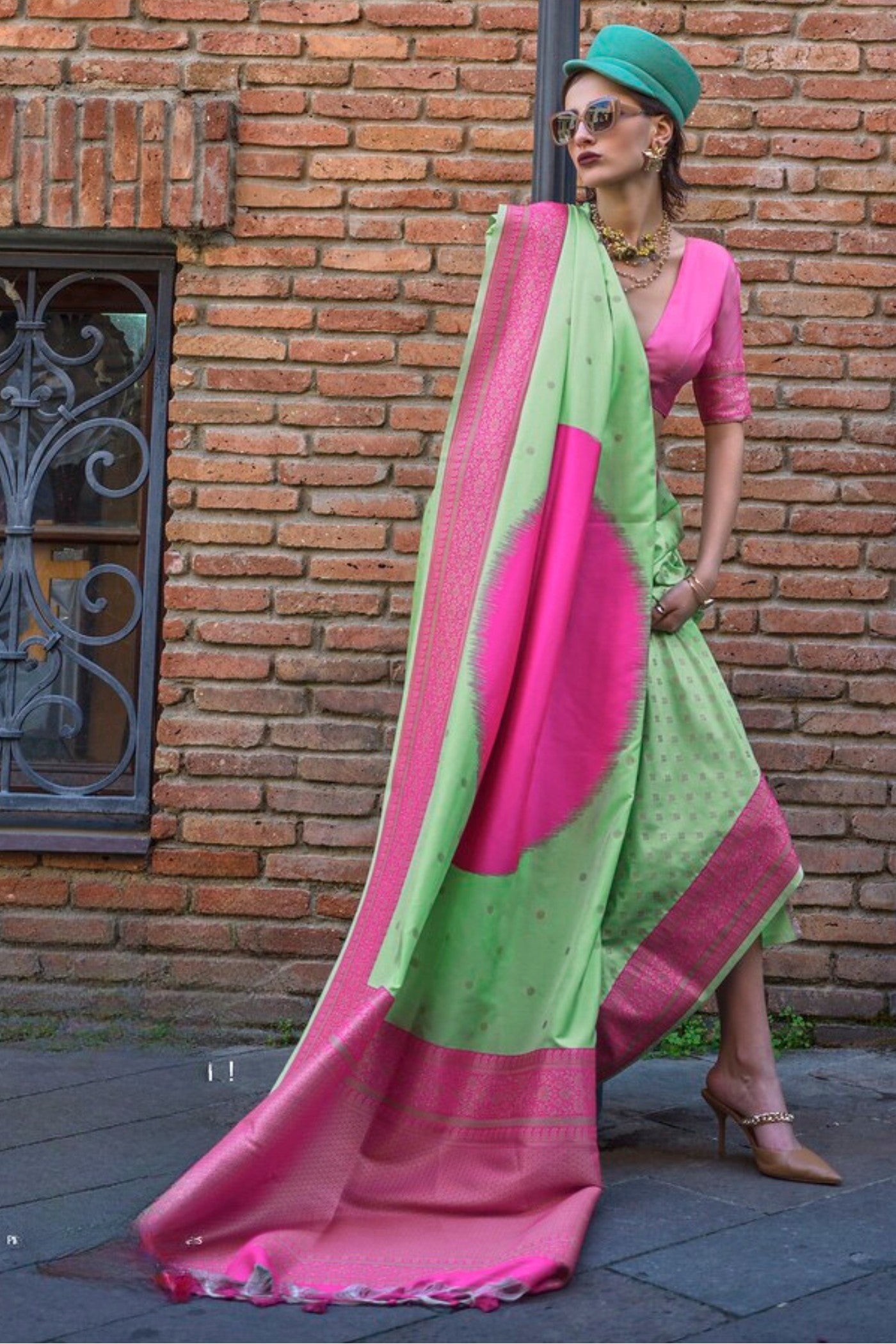 MySilkLove Pista Green and Pink Banarasi Handloom Saree