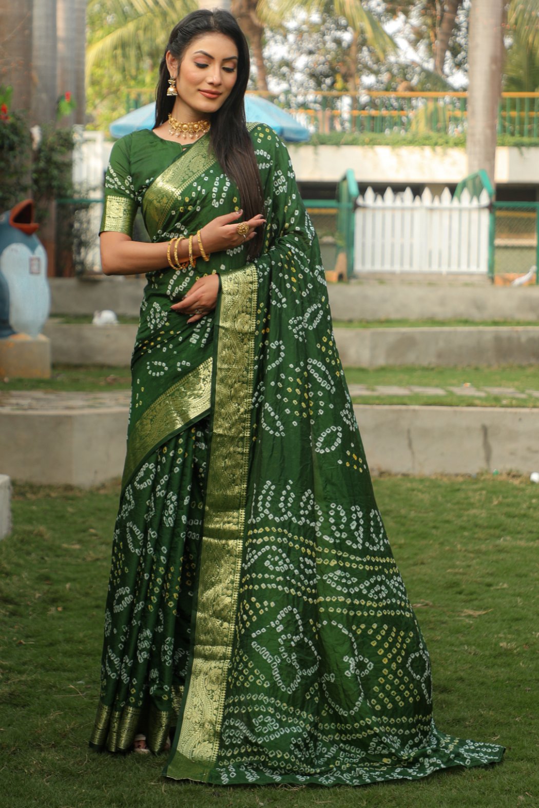 Buy MySilkLove Tom Thumb Green Designer Bandhani Printed Saree Online