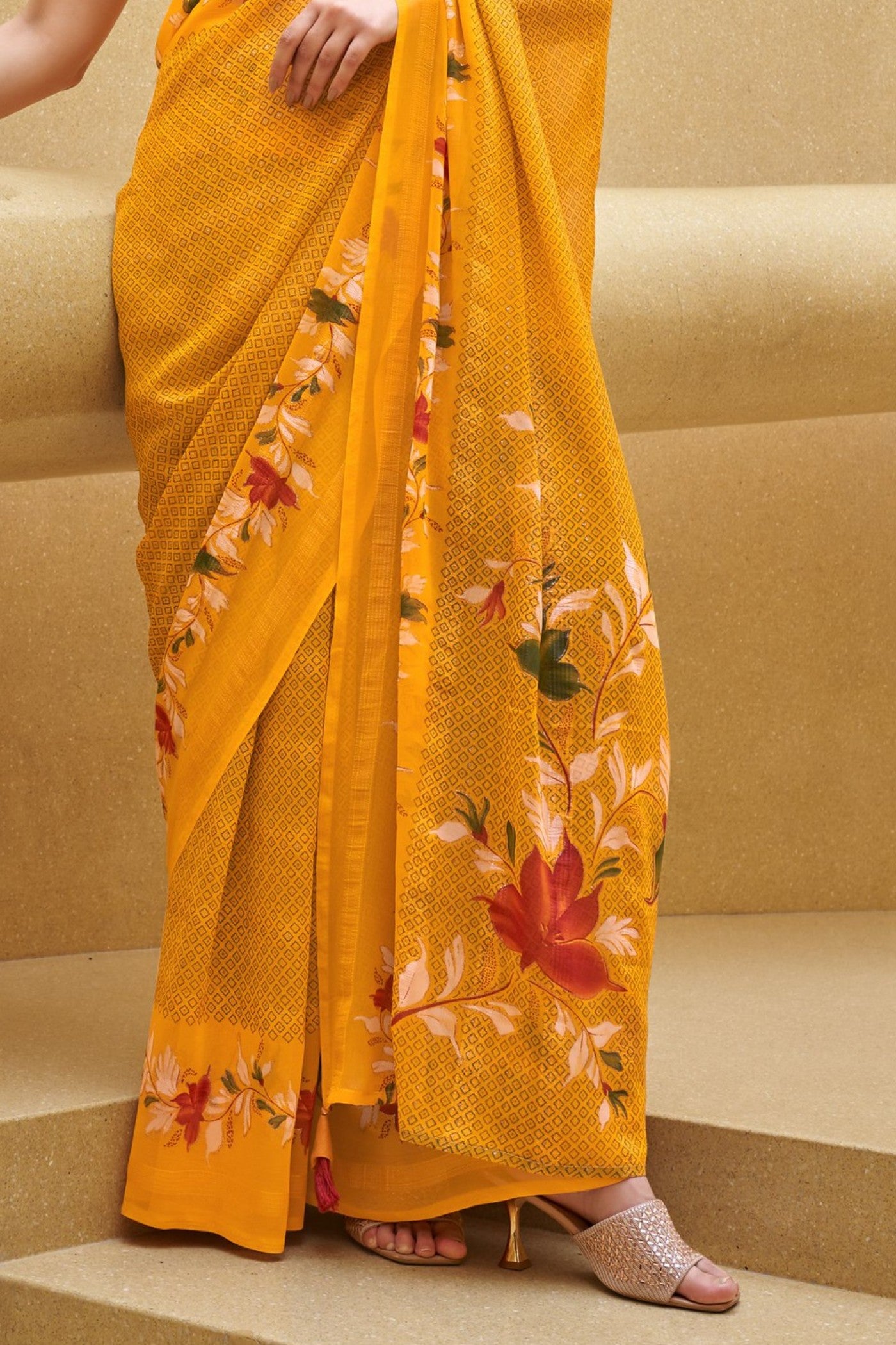 Buy MySilkLove Tulip Yellow Georgette Printed Saree Online