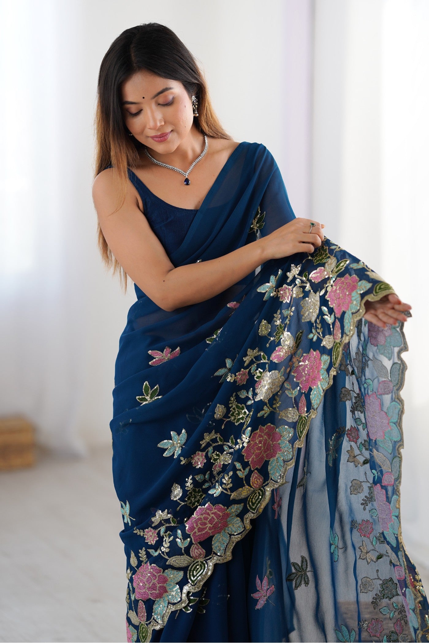 MySilkLove Resolution Blue Georgette Partwaer Saree