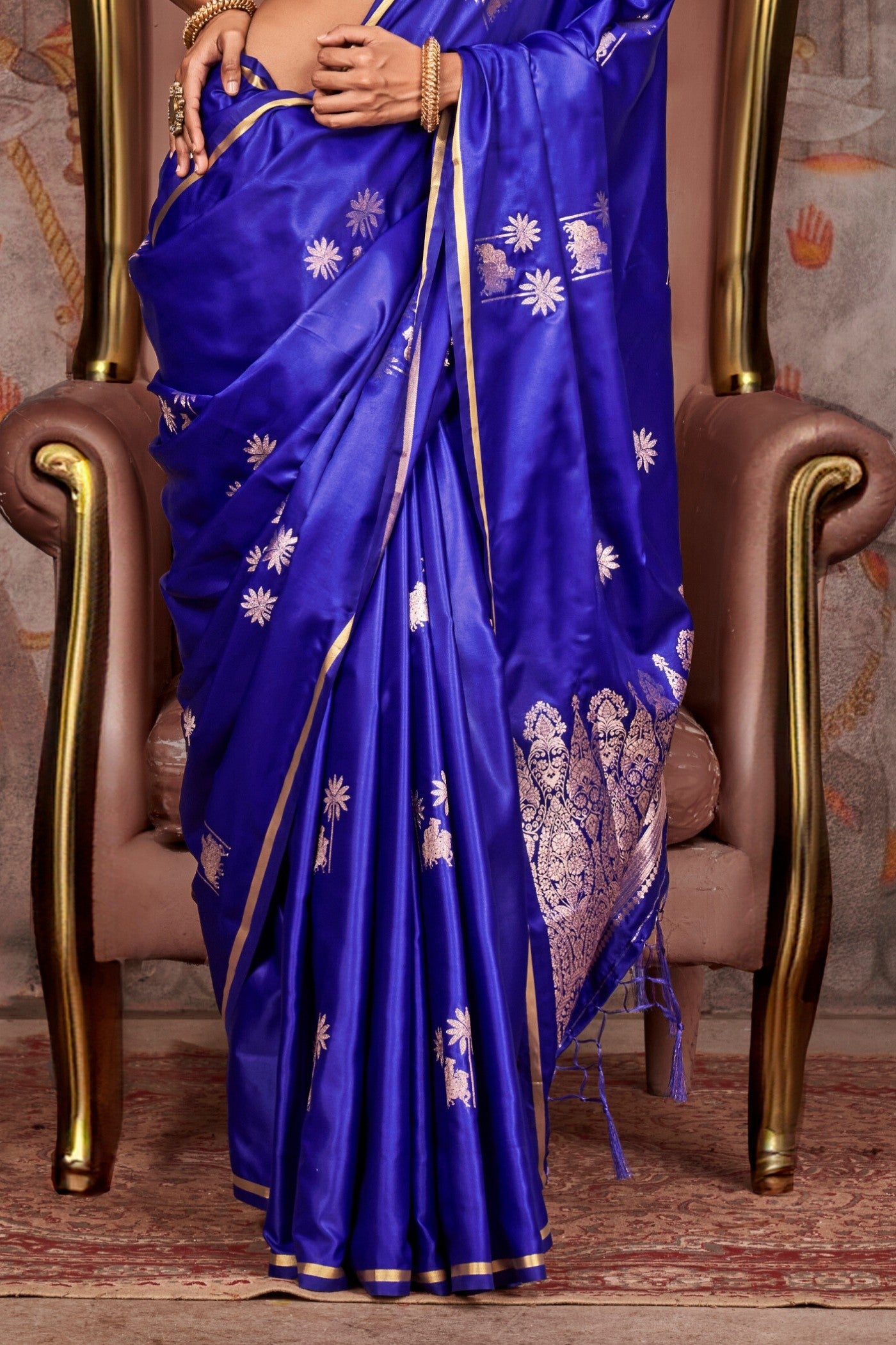 Buy MySilkLove Cobalt Blue Banarasi Pichwai Satin Saree Online