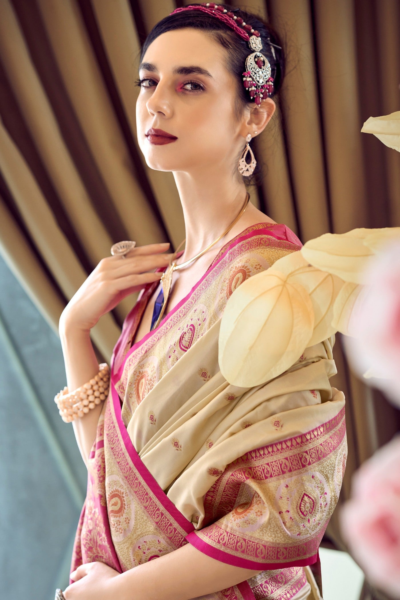 Buy MySilkLove Brandy Cream Woven Banarasi Soft Silk Saree Online