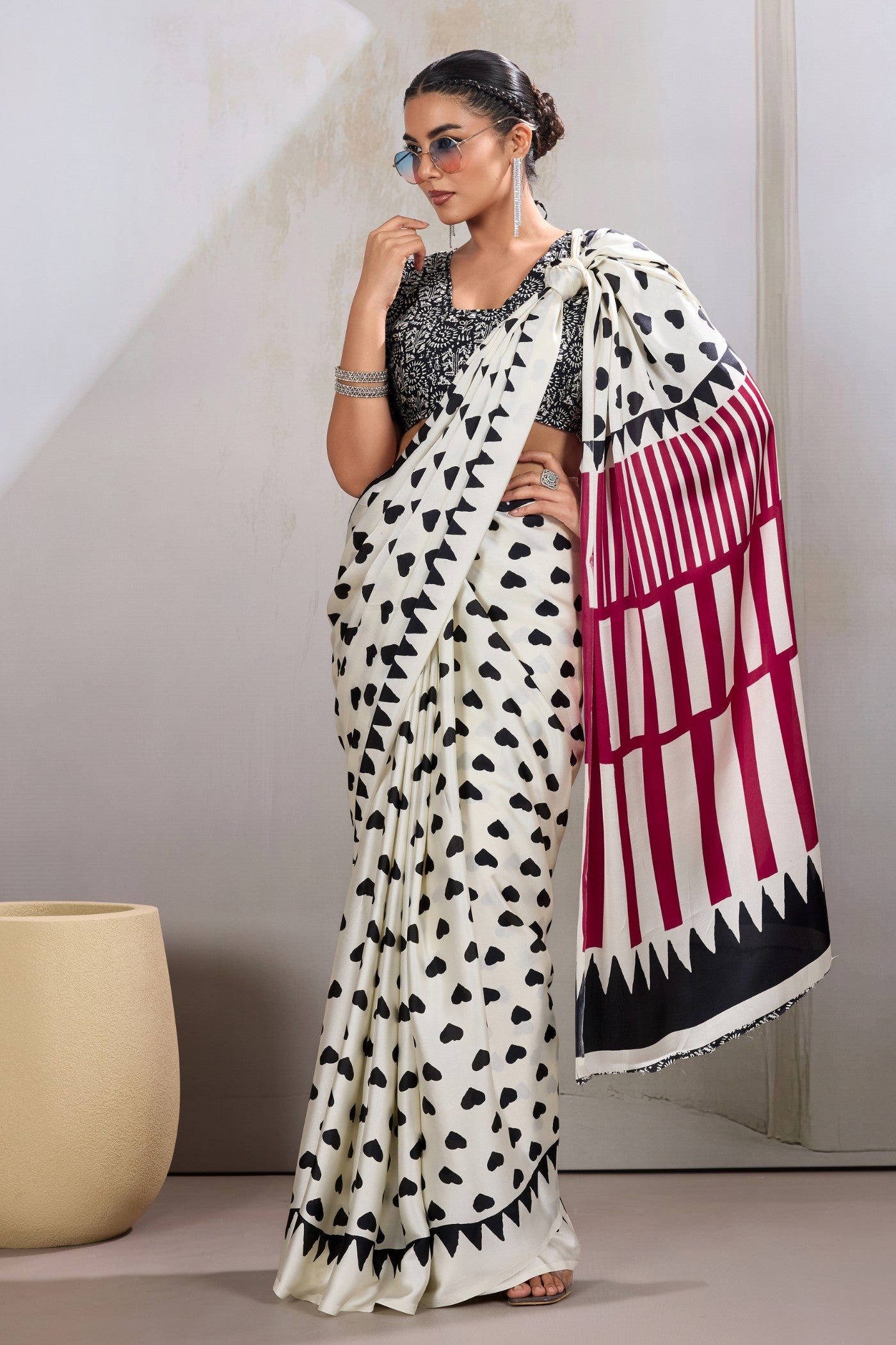 Buy MySilkLove Snow White Printed Satin Crepe Silk Saree Online