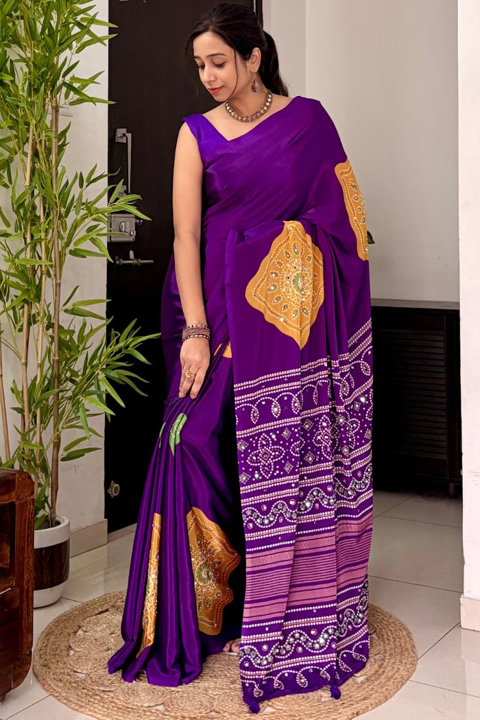 Buy MySilkLove Amethyst Purple Ajrakh Satin Printed Mirror Work Saree Online
