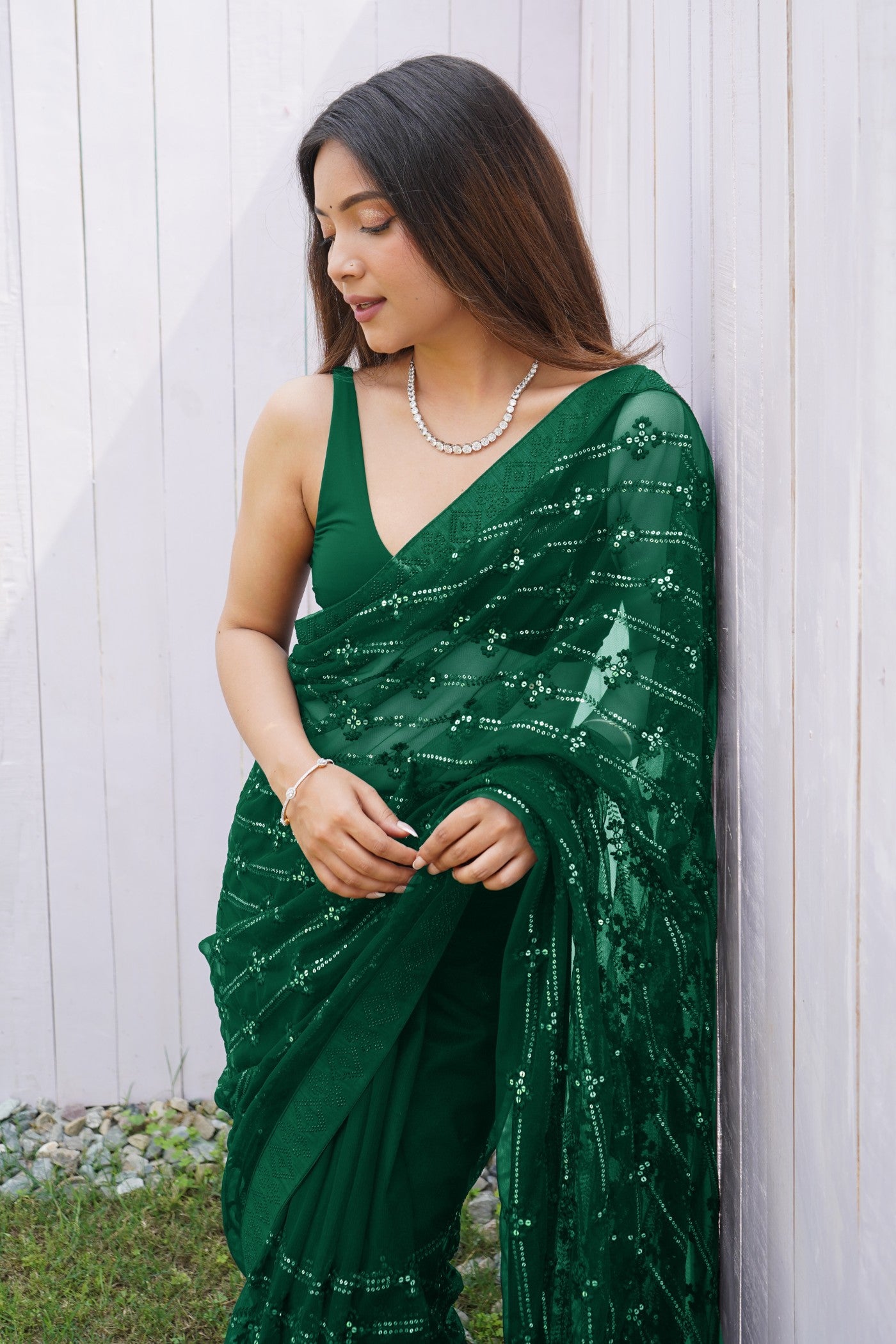 MySilkLove Dark Jugle Green Embroidered Partywear Saree