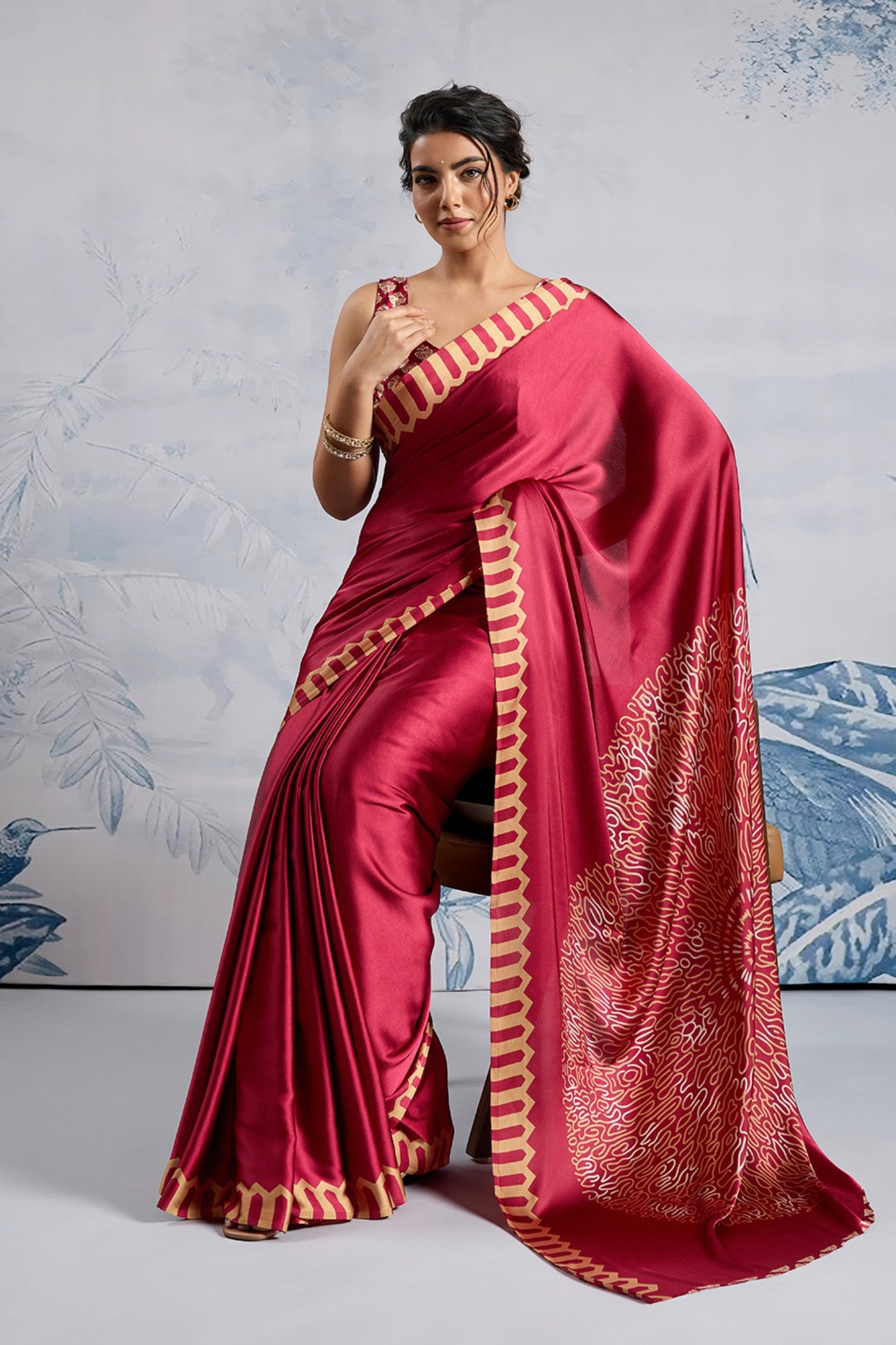 Buy MySilkLove Spark Red Printed Satin Crepe Silk Saree Online