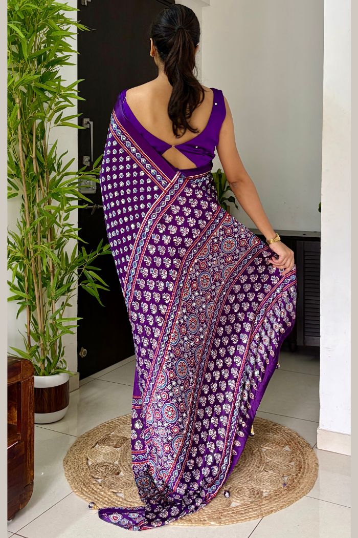 Buy MySilkLove Regalia Purple Modal Ajrakh Satin Printed Mirror Work Saree Online