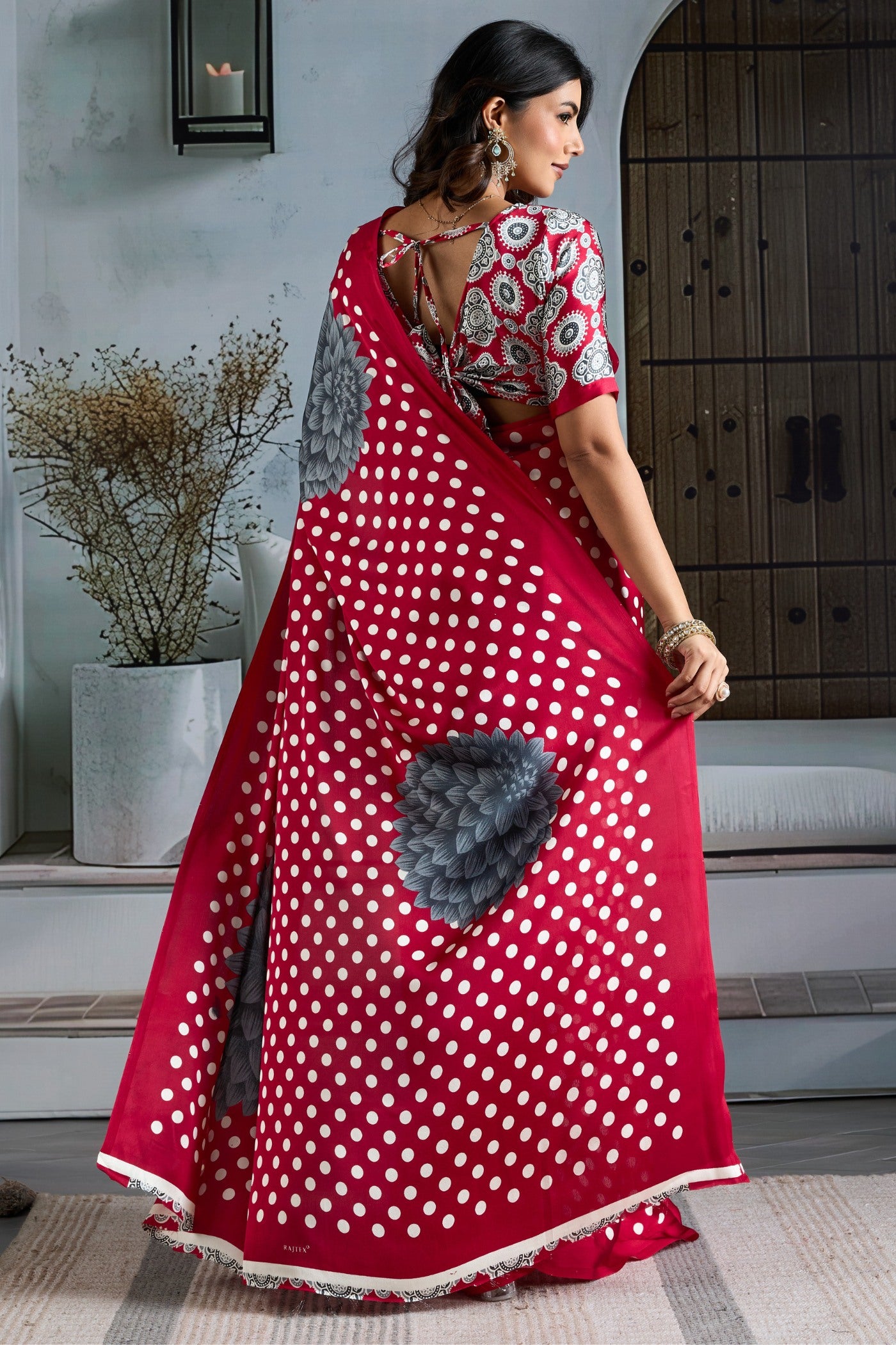 Buy MySilkLove Melon Red Printed Polka Dots Satin Crepe Saree Online