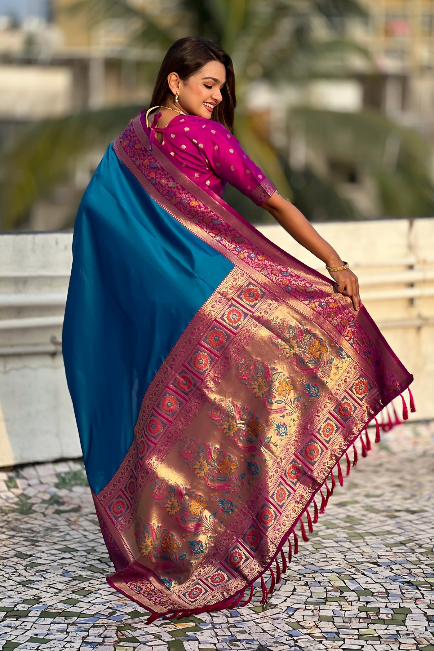Buy MySilkLove Electric Blue and Pink Zari Woven Paithani Saree Online