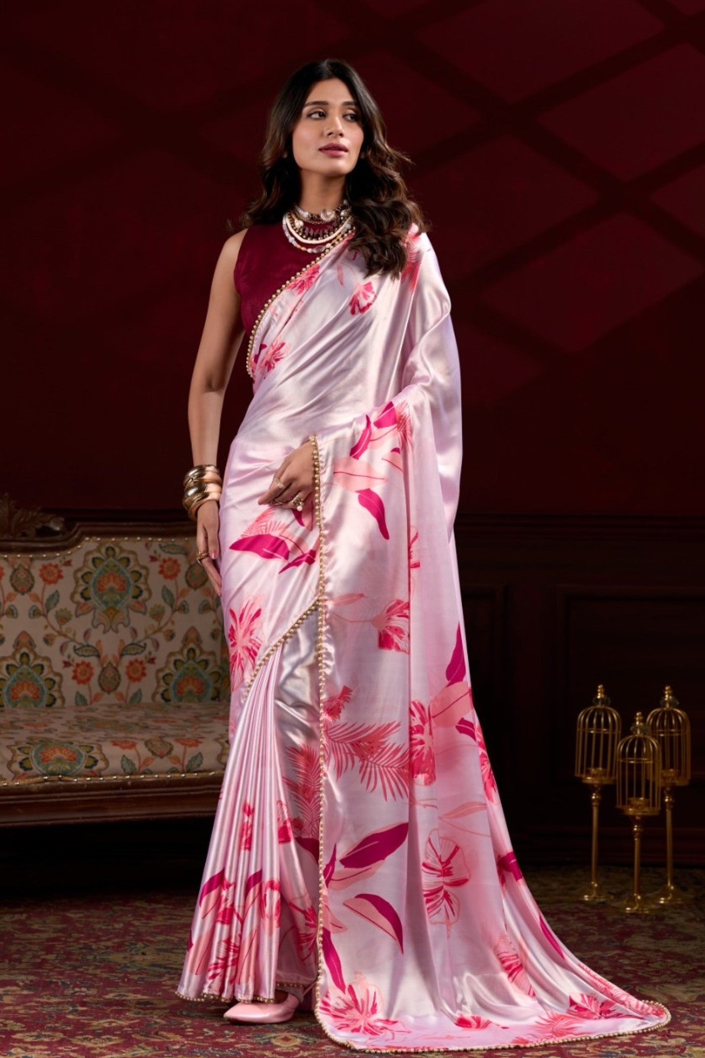Buy MySilkLove Fluorescent Pink Floral Printed Satin Silk Saree Online